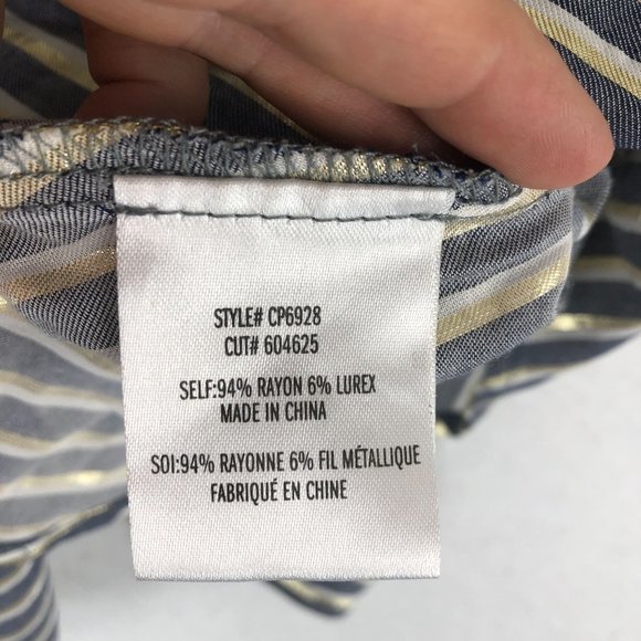 Eva Franco Women's Size 6 Blue White Gold Lurex Striped Tie Front Blouse - Picture 8 of 11